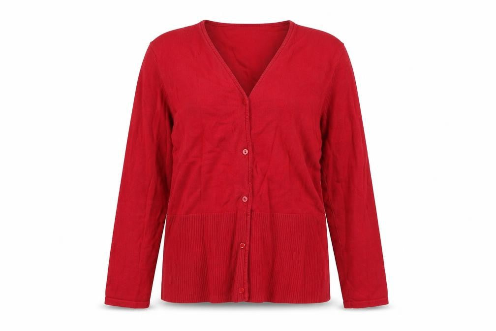 Front view of Rafaella Women's Red Cotton Blend V-Neck Button Cardigan, size L