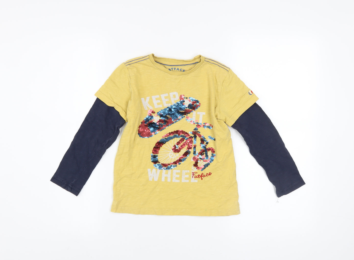 FatFace Boys Yellow Sequin Bike Long Sleeve T-Shirt 6-7 Years