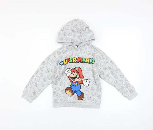 Front view of Super Mario boys’ grey hoodie 6-7 years pullover fleece graphic print