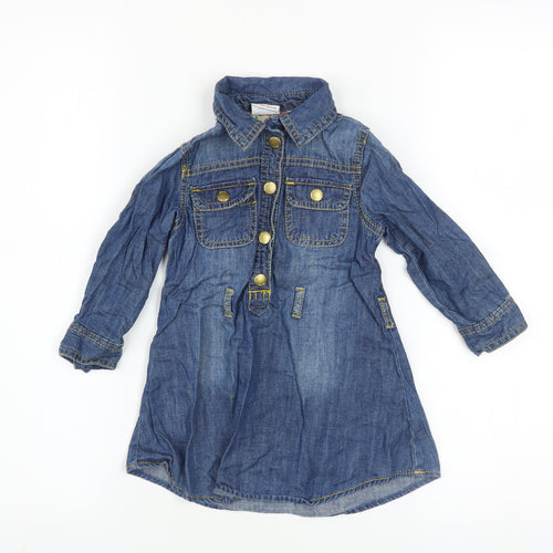 Next Girls Blue Denim Shirt Dress 18-24 Months Long Sleeve Belted