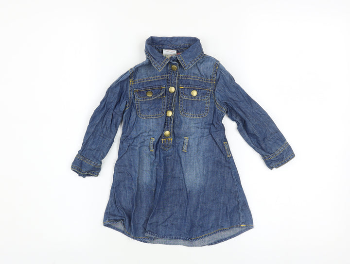 Next Girls Blue Denim Shirt Dress 18-24 Months Long Sleeve Belted
