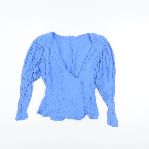 Mango Women's Blue Viscose Wrap Blouse XS Long Sleeve