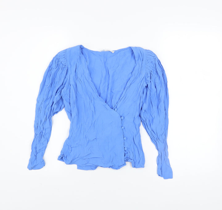 Mango Women's Blue Viscose Wrap Blouse XS Long Sleeve