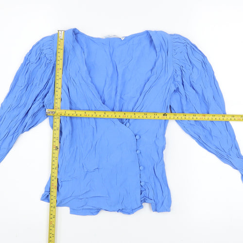 Mango Women's Blue Viscose Wrap Blouse XS Long Sleeve