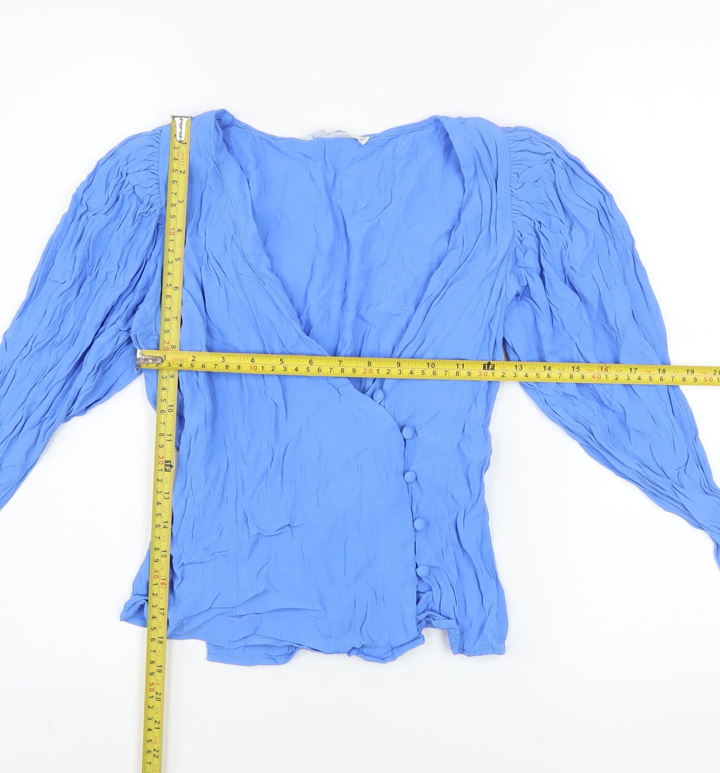 Mango Women's Blue Viscose Wrap Blouse XS Long Sleeve