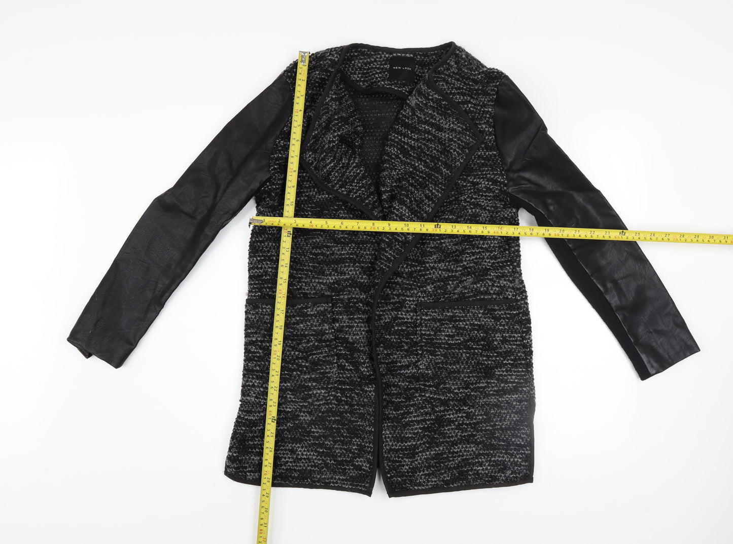 New Look Women’s Grey Faux Leather Sleeve Coatigan Size 12