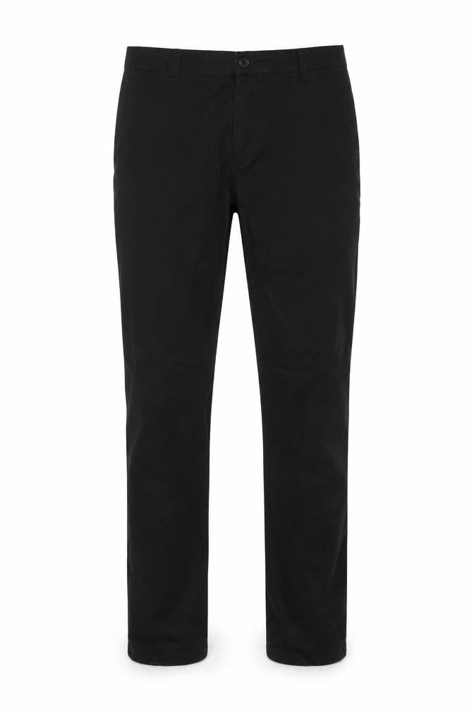 Front view of Tom Becker Men's Black Cotton Chino Trousers, size 36, Regular