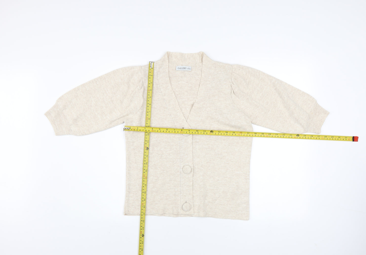 Gallery Womens Beige 3/4 Sleeve V-Neck Knit Cardigan Size M
