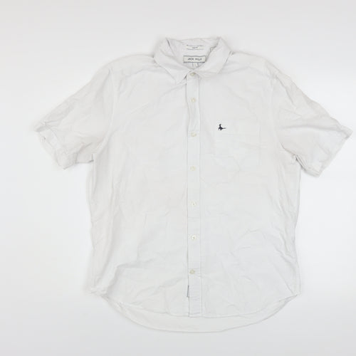 Jack Wills Men's White Slim Fit Short Sleeve Cotton Button-Up Shirt L