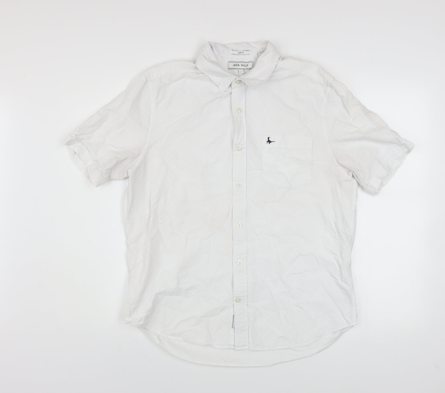 Jack Wills Men's White Slim Fit Short Sleeve Cotton Button-Up Shirt L