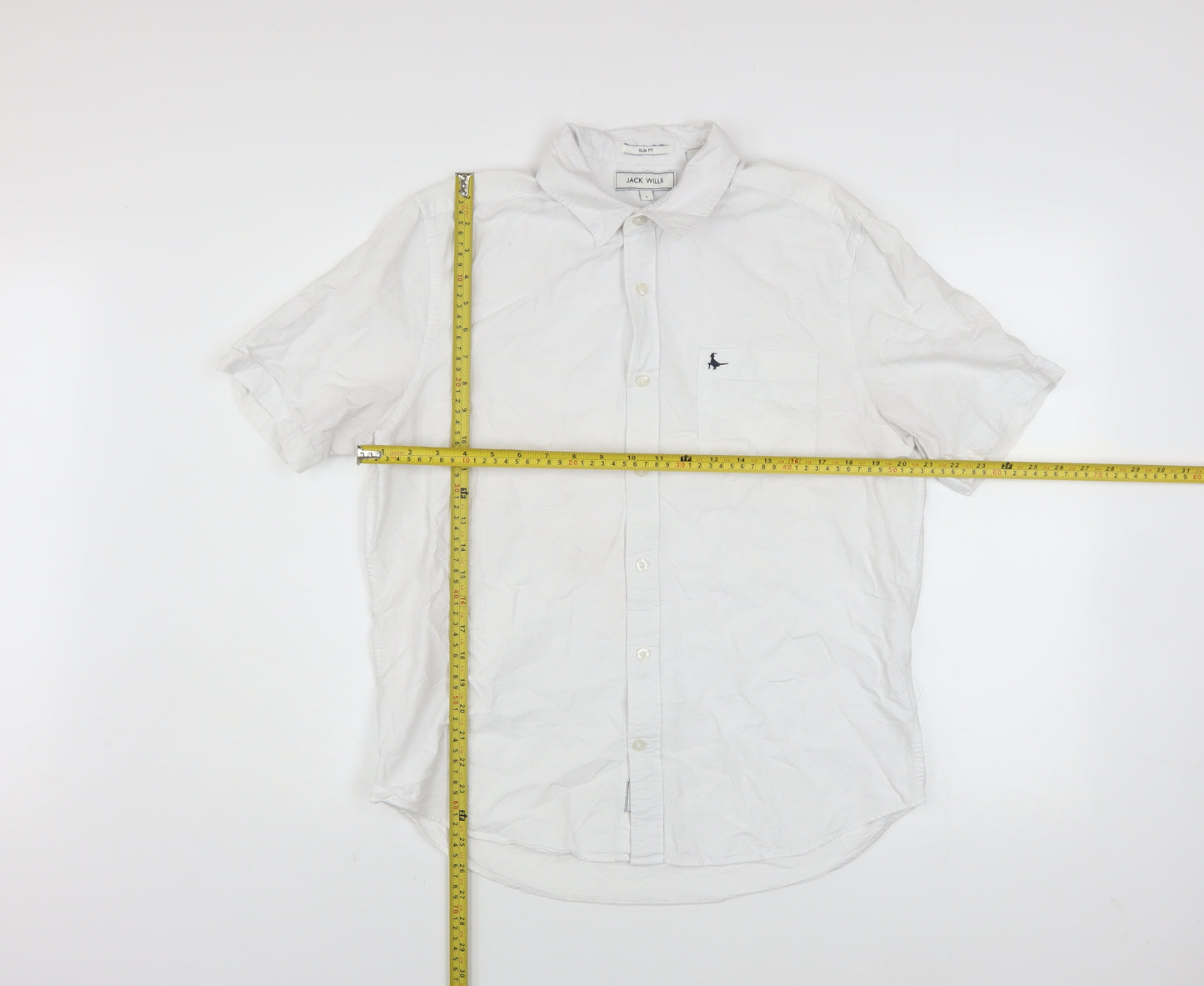 Jack Wills Men's White Slim Fit Short Sleeve Cotton Button-Up Shirt L