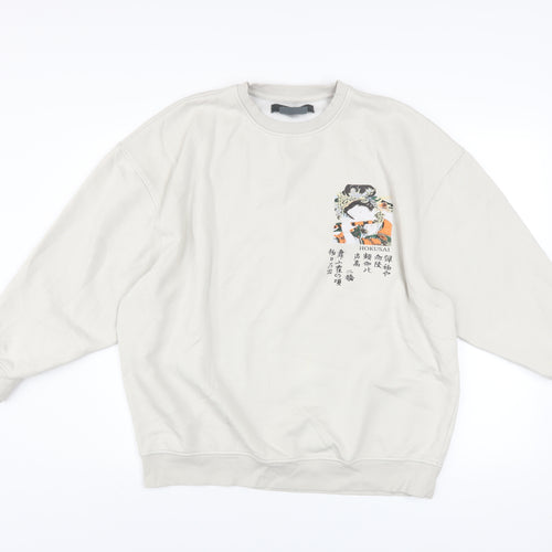 Primark Men Beige Hokusai Graphic Pullover Sweatshirt Size S