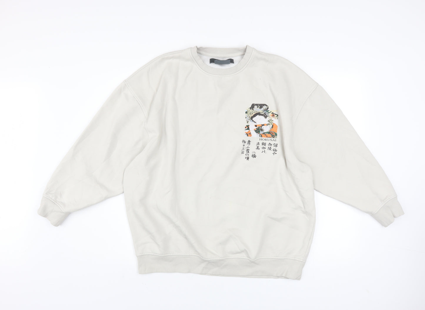 Primark Men Beige Hokusai Graphic Pullover Sweatshirt Size S