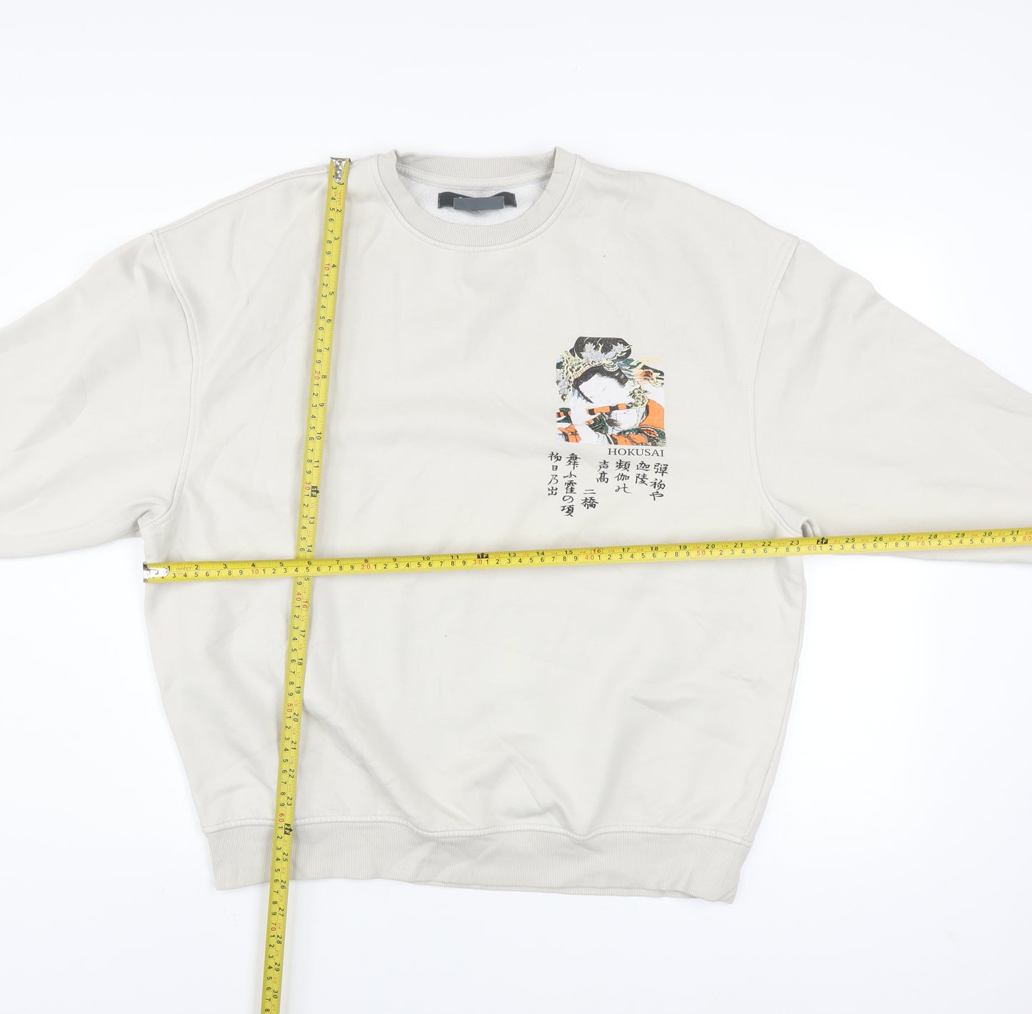 Primark Men Beige Hokusai Graphic Pullover Sweatshirt Size S