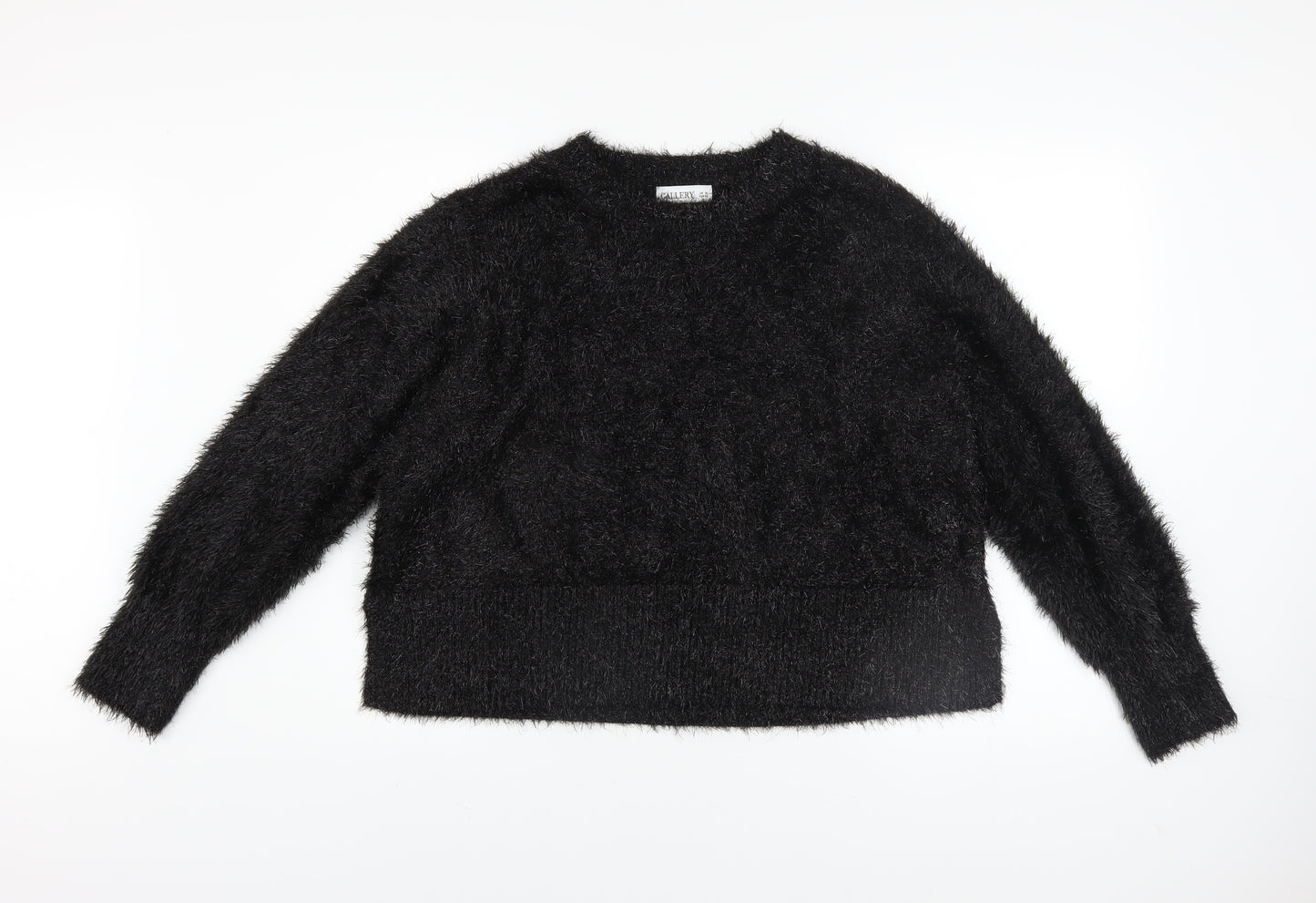 Gallery Women Black Fluffy Pullover Sweater UK 18 Long Sleeve Crew Neck