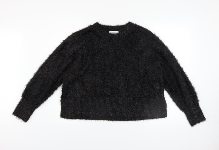 Gallery Women Black Fluffy Pullover Sweater UK 18 Long Sleeve Crew Neck