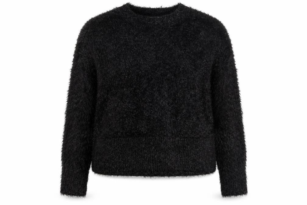 Front view of Gallery Women Black Fluffy Pullover Sweater UK 18 Long Sleeve Crew Neck
