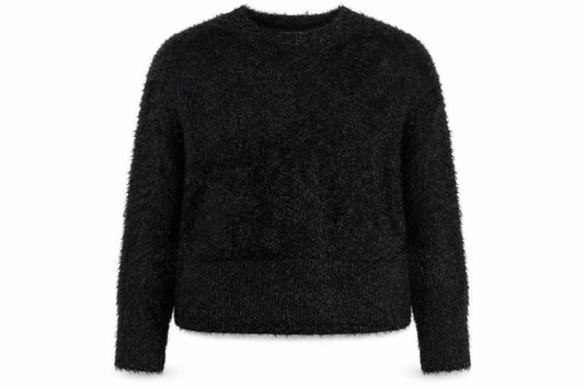 Front view of Gallery Women Black Fluffy Pullover Sweater UK 18 Long Sleeve Crew Neck