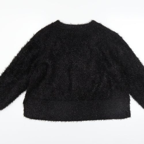 Gallery Women Black Fluffy Pullover Sweater UK 18 Long Sleeve Crew Neck