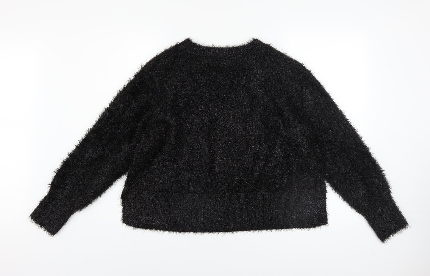 Gallery Women Black Fluffy Pullover Sweater UK 18 Long Sleeve Crew Neck