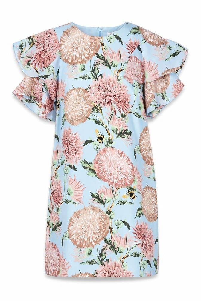 Front view of Warehouse Women's Blue Floral Shift Dress, size 12