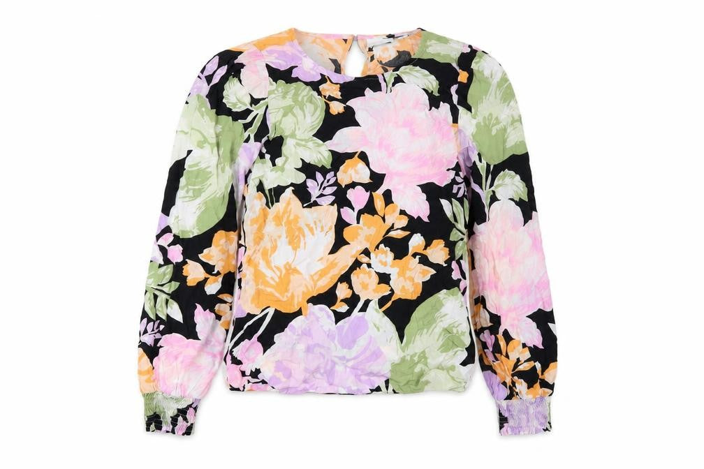 Front view of VILA women’s multicoloured floral long sleeve viscose tunic blouse, size UK 8