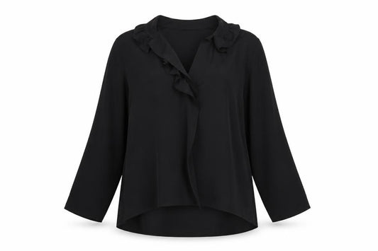 Front view of H&M Women’s Black Ruffle Neck Long Sleeve Polyester Blouse, size UK 12
