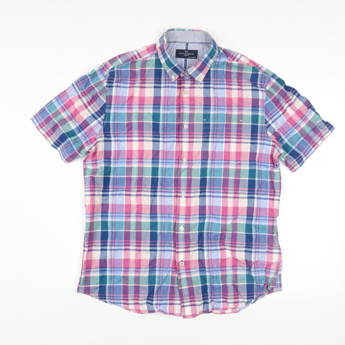 Marks and Spencer Blue Harbour Men's Multicoloured Check Cotton Short Sleeve Shirt L