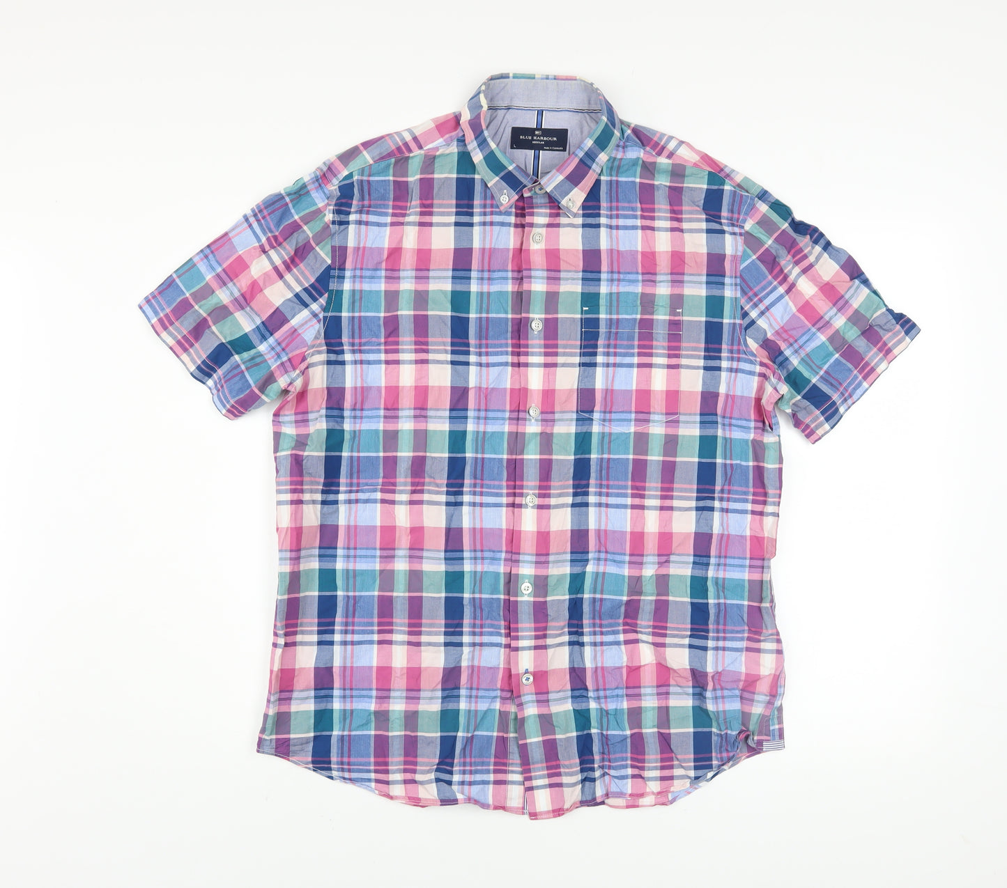Marks and Spencer Blue Harbour Men's Multicoloured Check Cotton Short Sleeve Shirt L
