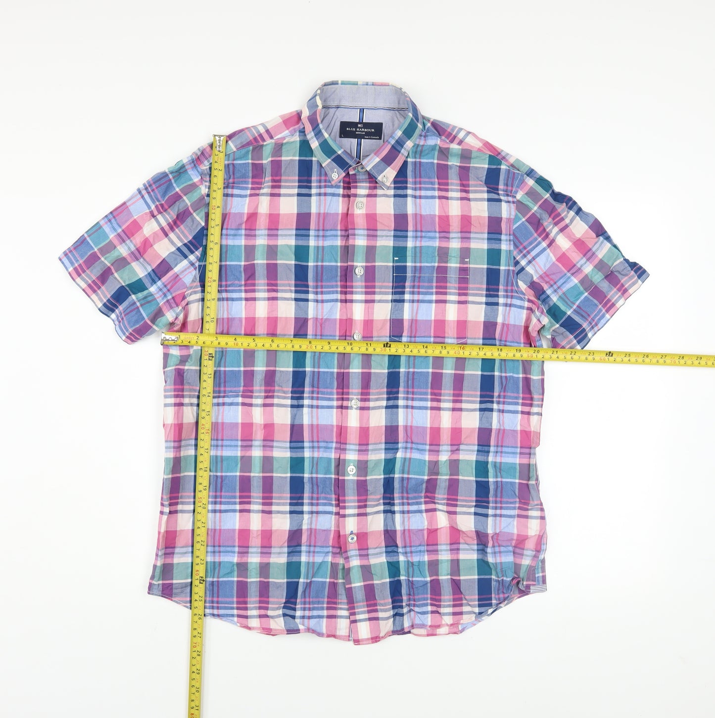 Marks and Spencer Blue Harbour Men's Multicoloured Check Cotton Short Sleeve Shirt L