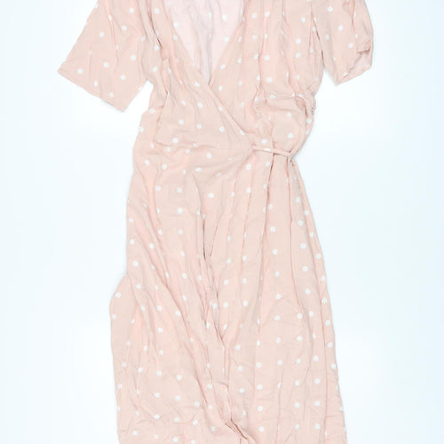 ONLY Women Pink Polka Dot Wrap Midi Dress S