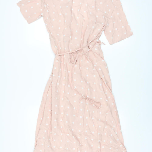 ONLY Women Pink Polka Dot Wrap Midi Dress S