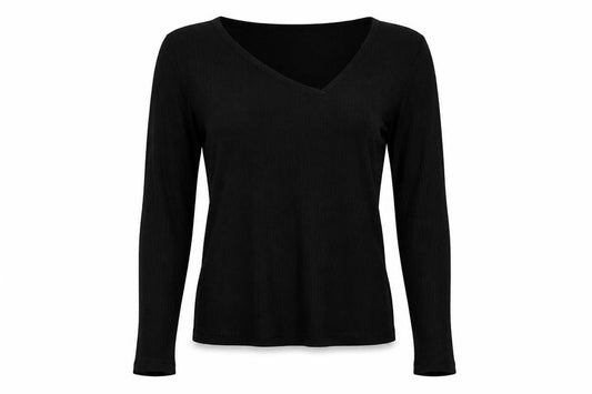 Front view of Vero Moda Women’s Black Viscose Long Sleeve V-Neck Slim Top S