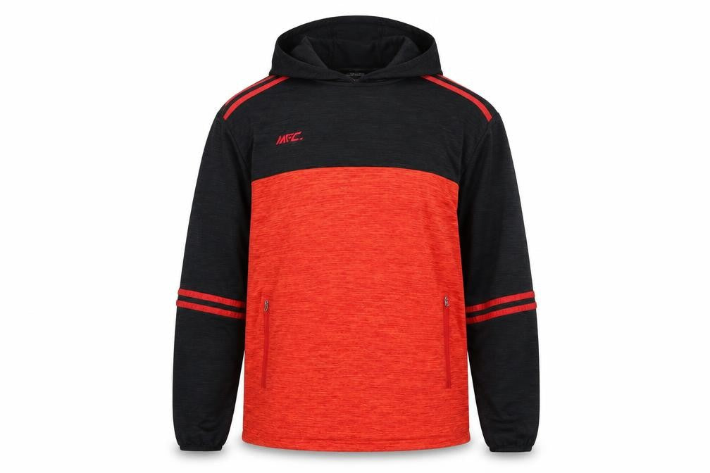 Front view of MFC men’s red black pullover sports hoodie medium lightweight gym top