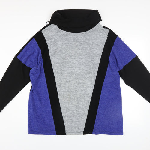 ORA Women's Black Grey Blue Roll Neck Geometric Wool Jumper Size 4 Plus