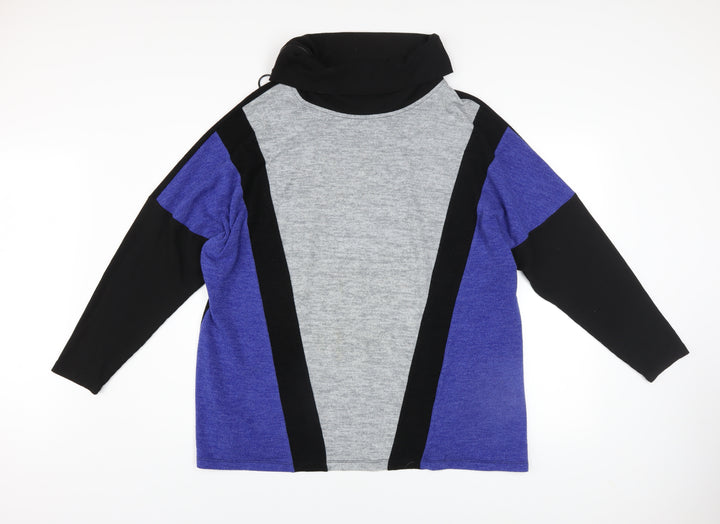 ORA Women's Black Grey Blue Roll Neck Geometric Wool Jumper Size 4 Plus