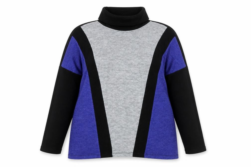 Front view of ORA Women's Black Grey Blue Roll Neck Geometric Wool Jumper, size 4 Plus
