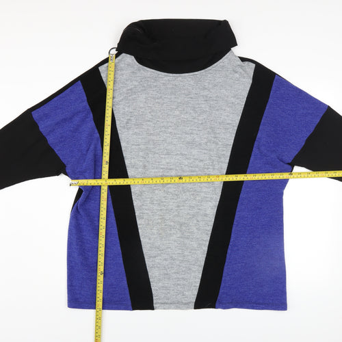 ORA Women's Black Grey Blue Roll Neck Geometric Wool Jumper Size 4 Plus