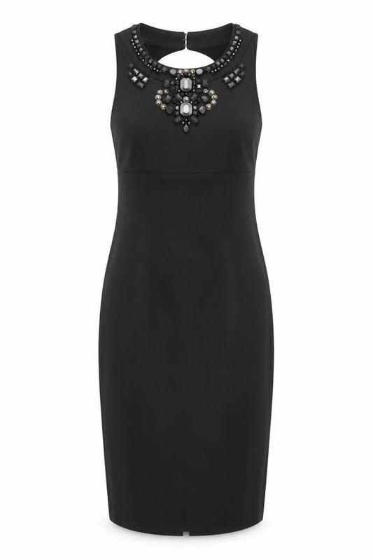 Front view of Karen Millen Women Black, size 10, Sleeveless Beaded Sheath Dress