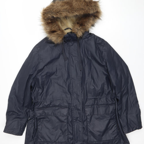 Marks and Spencer Women's Blue Hooded Fur Trim Parka Coat Size 16