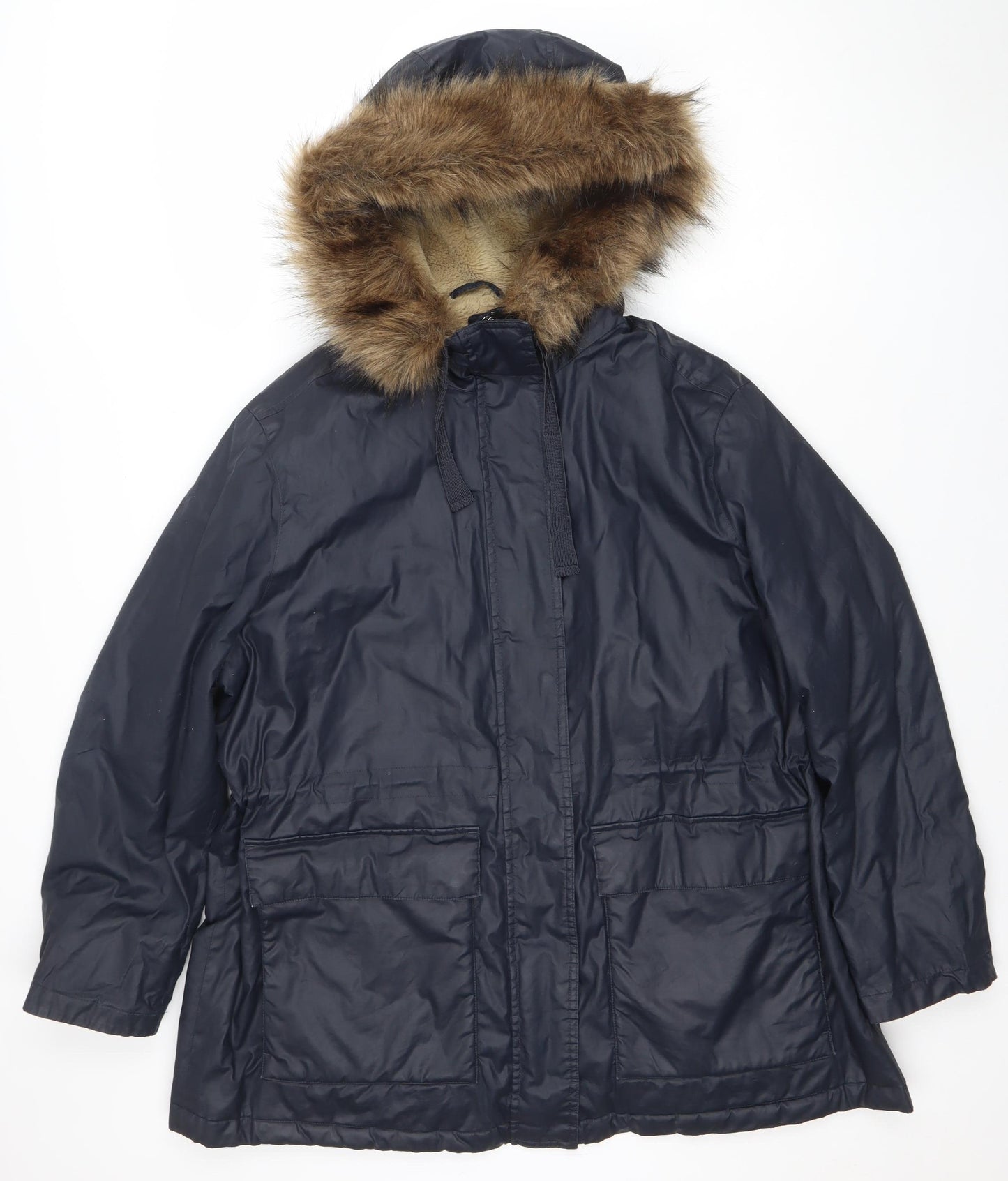 Marks and Spencer Women's Blue Hooded Fur Trim Parka Coat Size 16