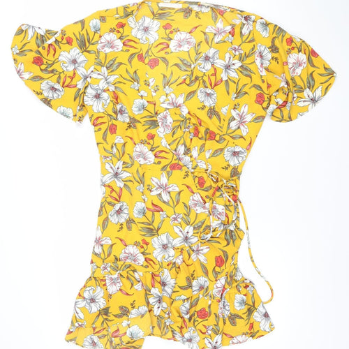 Vera & Lucy Women Yellow Floral Wrap Short Dress L Ruffle Summer