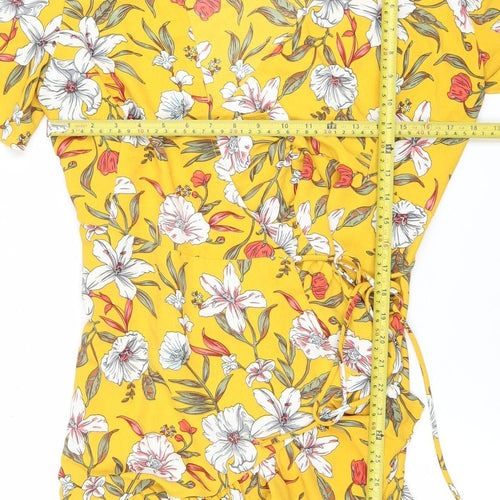 Vera & Lucy Women Yellow Floral Wrap Short Dress L Ruffle Summer