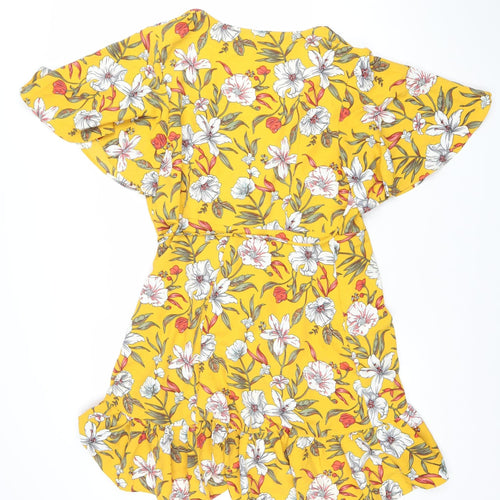 Vera & Lucy Women Yellow Floral Wrap Short Dress L Ruffle Summer