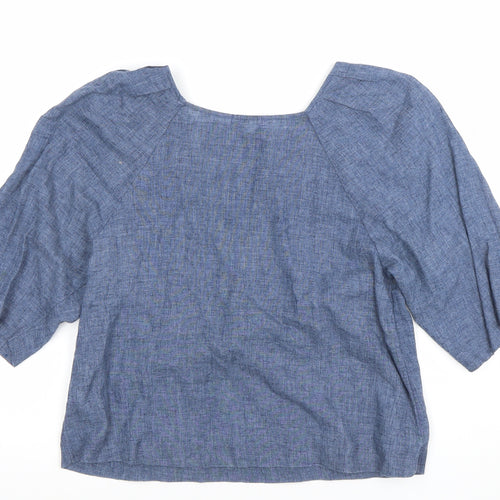 Mango Women Blue Linen Blend 3/4 Sleeve Boat Neck Blouse Size 8