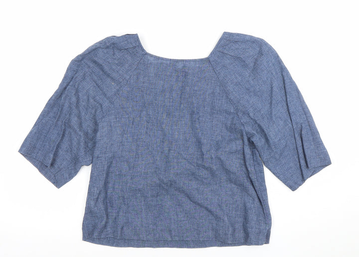 Mango Women Blue Linen Blend 3/4 Sleeve Boat Neck Blouse Size 8