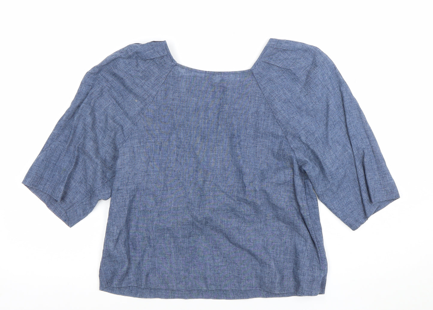 Mango Women Blue Linen Blend 3/4 Sleeve Boat Neck Blouse Size 8