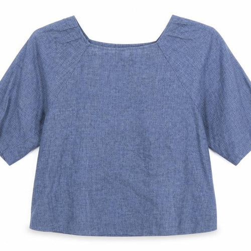 Mango Women Blue Linen Blend 3/4 Sleeve Boat Neck Blouse Size 8