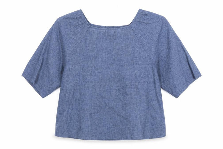 Mango Women Blue Linen Blend 3/4 Sleeve Boat Neck Blouse Size 8