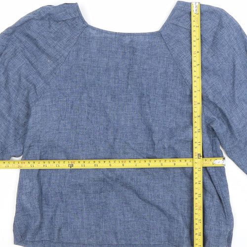 Mango Women Blue Linen Blend 3/4 Sleeve Boat Neck Blouse Size 8